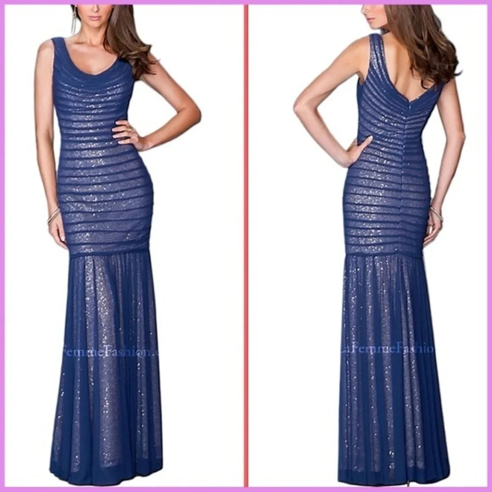 La Femme Navy Blue & Gold Sleeveless Sequin Gown